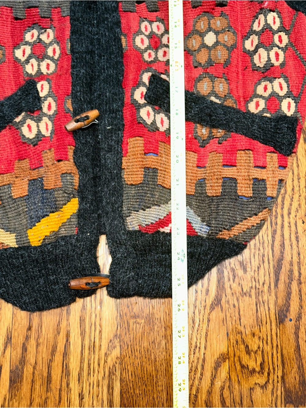 Patterned Toggle Cardigan Sweater - Black with Red & Brown Accents - Picture 7 of 7